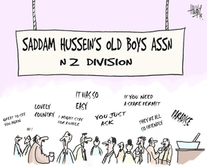 Hawkey, Allan Charles, 1941-:Saddam Hussein's Old Boys Assn - NZ Division - News. Waikato Times, 4 May 2005.