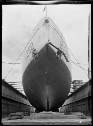 A view of the bow of ship Northwind, a Wind class icebreaker belonging to the United States Coast Guard, in the Wellington Floating Drydock