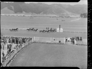 Unidentified horse race finishes during the third day of the Summer Meeting, Trentham, Upper Hutt