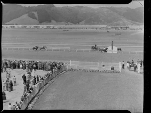 Unidentified horse race finishes during the third day of the Summer Meeting, Trentham, Upper Hutt