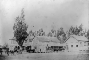 Scene outside the Tavistock Hotel, Waipukurau, showing a large poplar tree and four horse drawn carriages