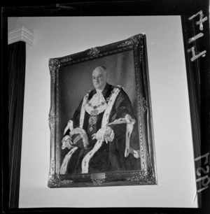Formal portrait of Sir Robert MacAlister, former Mayor of Wellington in mayoral robes