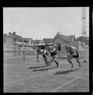 The start of a men's running race at an athletic event at the Basin Reserve, Wellington