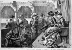 Wood engraving of women sitting in the Ladies' Gallery, Parliament House, Wellington