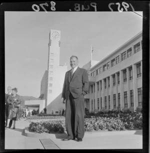 Mayor of Lower Hutt Mr Dowse outside new Civic buildings, Lower Hutt, Wellington