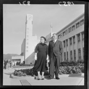 Mayor of Lower Hutt Mr Dowse and wife Mary outside the new Civic buildings, Lower Hutt, Wellington