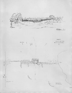 Heaphy, Charles 1820-1881 :Rangiriri, sketch of Maori works taken the day of the capture, 1863.