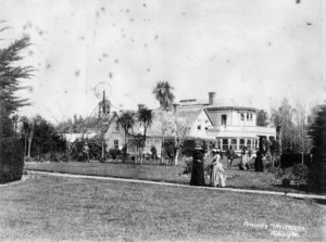 Farmhouse, garden and people at Longwood Station, Wairarapa