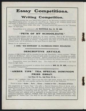 Essay competitions. Writing competition; "Pets of my schooldays"; descriptive article' "Amber Tips" tea, special Dominion prize essay [1914]