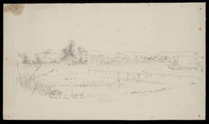 Artist unknown :[Bridge and houses, Avon River, Christchurch. 1870-1875?]