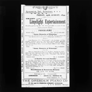 Photographic copy of an advertisement for a show of lantern slides, taken and presented by William Williams at Caversham, Dunedin