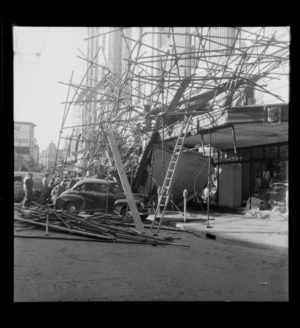 DIC Department Store, scaffolding collapse, exterior scene, Lambton Quay, Wellington