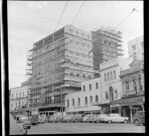 Massey House under construction, with SS Williams and Hill Bros buildings beside it, Lambton Quay, Wellington