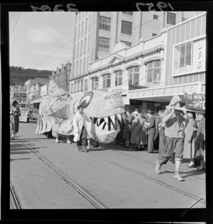 Capping festival parade from Victoria University with a zoological monster, Victoria richardsonii, in Courtenay Place
