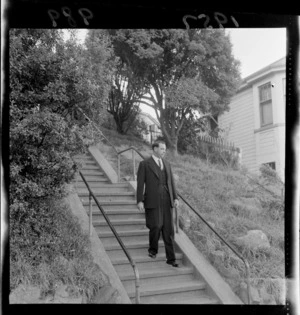 Wellington Mayor Frank Kitts walking down some steps on his way to work
