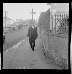 Wellington Mayor Frank Kitts walking down Hawker Street, Mt Victoria, on his way to work