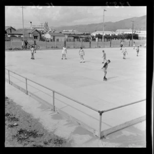 Children rollerskating at Petone skating rink, Lower Hutt, Wellington Region