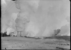 Steam rising from bore [thermal power plant?], Wairakei geothermal area, Taupo District