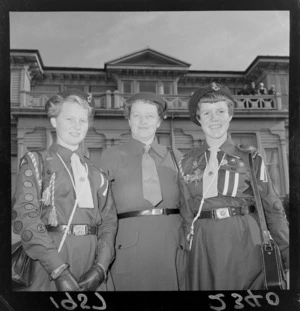 Girl Guides, at Parliament Buildings, Wellington, after being overlooked for the official farewell for the Scouts trip to the United Kingdom for the world jamboree