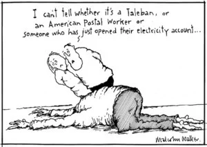 I can't tell whether it's a Taleban, or an American Postal Worker or someone who has just opened their electricity account... Sunday News, 28 October 2001