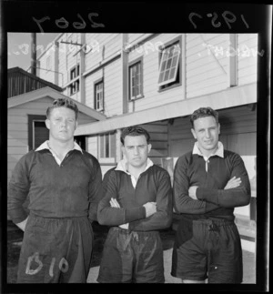 Mr Rowlands, K Davis and Mr Wright, 1957 All Black rugby union trialists