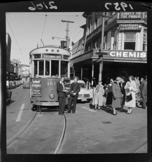 Tram no 197 halted by a power failure, Perrets Corner, Wellington