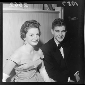 Unidentified couple at the National Party Ball, Majestic Cabaret, Wellington [Blue Domino?]