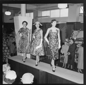 Cotton frocks being modelled at Kircaldies & Stains Department Store, Wellington