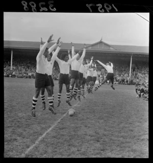 Fijian team performing a cibi before Fiji versus New Zealand Maoris rugby game, Athletic Park, Wellington
