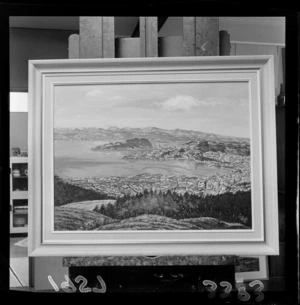 Oil painting of Wellington and harbour by Leonard Mitchell, presented to Captain J Rees