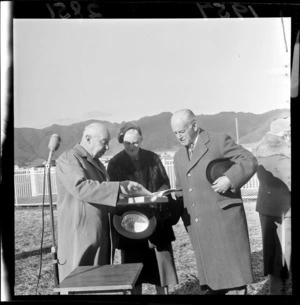 President of Wellington Racing Club, Mr HR Chalmers, left, with Lady Patricia Merryweather Norrie, and Governor-General Charles Willoughby Moke Norrie, at Trentham Racecourse, Upper Hutt