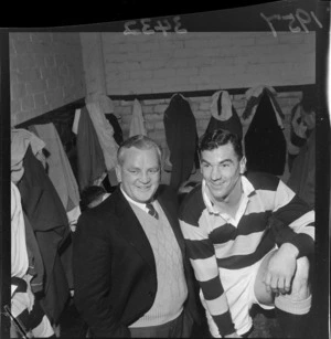 An unidentified man and Wellington rugby player in the changing room at Athletic Park, Wellington