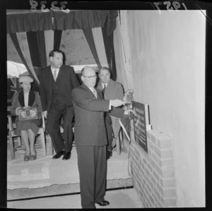 Mr Dean Eyre, Minister of Housing, laying the foundation stone for the new state flats on The Terrace, Wellington