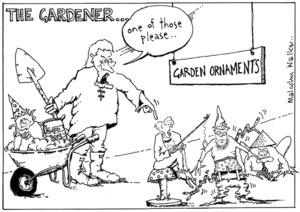 THE GARDENER... "One of those please.." Garden Ornaments. Sunday News, 9 August 2002
