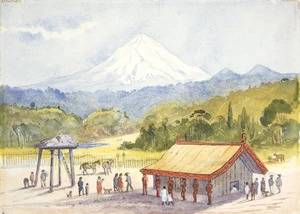 [Fox, William] 1812-1893 :[Maori village with Mount Egmont. ca 1880]