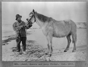 Lieutenant Henry R Bowers and pony Victor, Antarctica