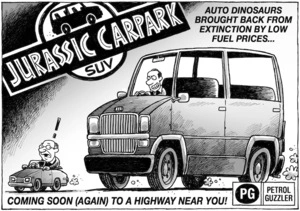 'Jurassic carpark, SUV.' Auto dinosaurs brought back from extinction by low fuel prices... Coming soon (again) to a highway near you! PG - petrol guzzler. 9 January 2009.