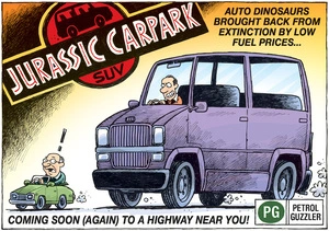 'Jurassic carpark, SUV.' Auto dinosaurs brought back from extinction by low fuel prices... Coming soon (again) to a highway near you! PG - petrol guzzler. 9 January 2009.