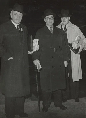 New Zealand Prime Minister Peter Fraser with C A Berendsen, and C A Jeffery, before their departure overseas - Photograph taken by Stewart and White Ltd
