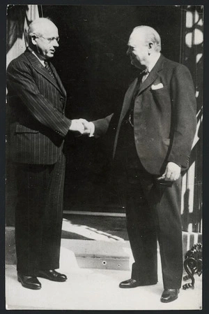 Winston Churchill bidding New Zealand Prime Minister Peter Fraser goodbye, on the steps at 10 Downing Street, London, England
