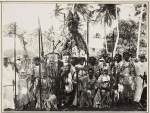 Group from the Island of Mangaia, Cook Islands, in traditional dress, with gods Vari and Tane Kiao, Cook Islands