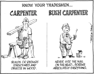 Know your tradesmen... Carpenter - Builds or repairs structures and objects in wood. Bush carpenter - Never hits the nail on the head.. Screws absolutely everything. 19 January 2009.