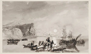 [Carmichael, John Wilson], 1799-1868 :[Study for H.M.S. Erebus and Terror with native craft in New Zealand. 1841?]