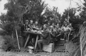 New Zealand soldiers dining in the bush