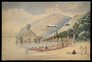 Oliver, Richard Aldworth, 1811-1889 :Sketch on the Wahapu beach, Bay of Islands. / Drawn from a sketch taken on the spot by Captn Oliver, H.M.S. "Fly" [1849].