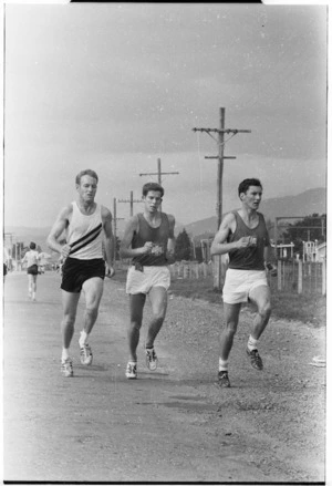 Runners during the Olympic 20-mile Gold Cup harrier race, Trentham, Upper Hutt, Wellington