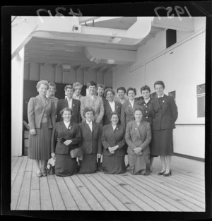Members of the English women's cricket team, on the deck of a ship, after arrival in Wellington