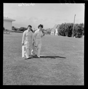 Two unidentified female cricket players, at a sportsground in Wellington