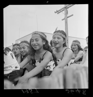 Maori girls in costume on parade float, Hastings Blossom Festival