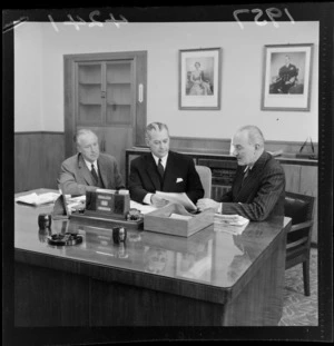 Prime Minister Sir Keith Holyoake in his office at parliament with ambassadors from the United States and the United Kingdom